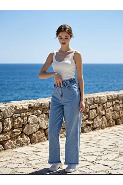 moda camiya High Waist Wide Leg Molded Leg Tasseled Blue Women's Jean Trouser...