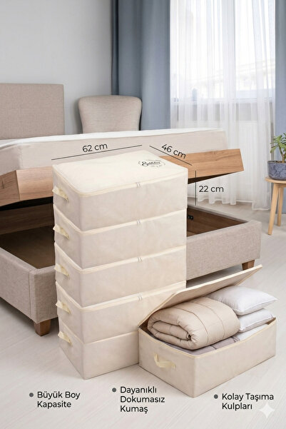 Textile sweet 5'li Büyük Boy Krem Baza Altı Düzenleyici Hurç 62x46x22