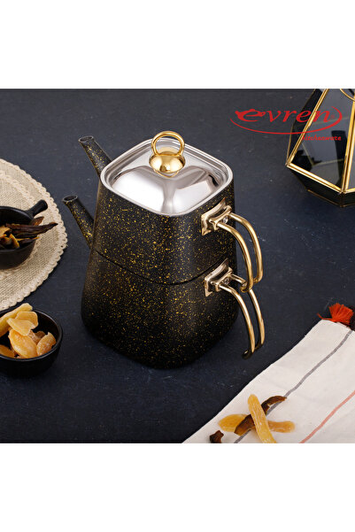 Evren طقم إبريق شاي مربع من الحجر الذهبي متوسط الحجم - 1.25+2.25 لتر