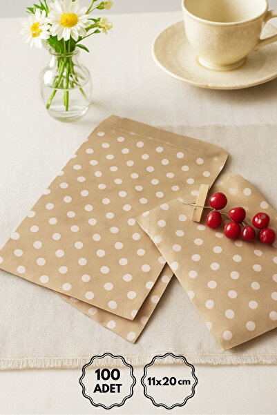 Bimotif Puantiye Desenli Kese Kağıdı, Kraft-beyaz 11x20 Cm - 100 Adet