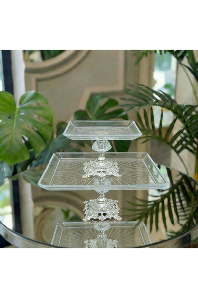 Elta Collection Pasabahce Silver 2 Li Square Cast Footed Cake Presentation Ho...