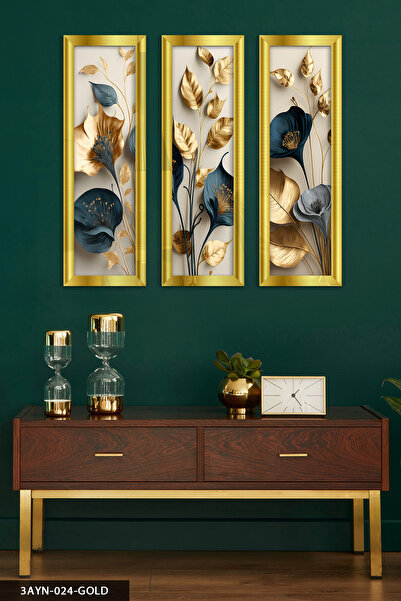 Evinemoda Zarif Altın ve Mavi Çiçekler ile Dallar Gold Pleksi Aynalı 3 Parça ...