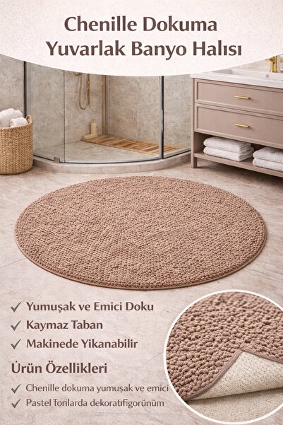 Akbel Halı Savona Chenille Dokuma Yumuşak Emici Doku Pastel Tonlar Yuvarlak B...