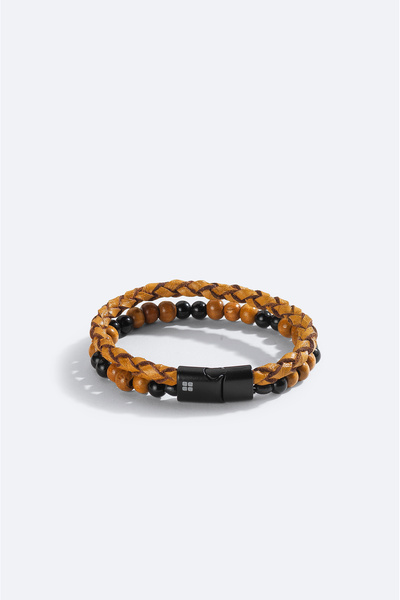 Avva Men's Light Brown 100% Leather Onyx Stone Bracelet A51Y9616