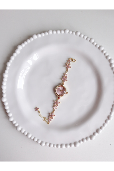 Reorah Collection Pink Flowers Saat-Zirkon Taşlı Pembe Çiçekli Saat