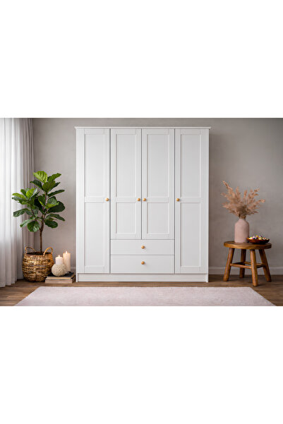 Noiss SPRİNG 4 KAPAKLI GARDIROP - MAT BEYAZ - ÇEKMECELİ - RAFLI - BOYALI KAPAK