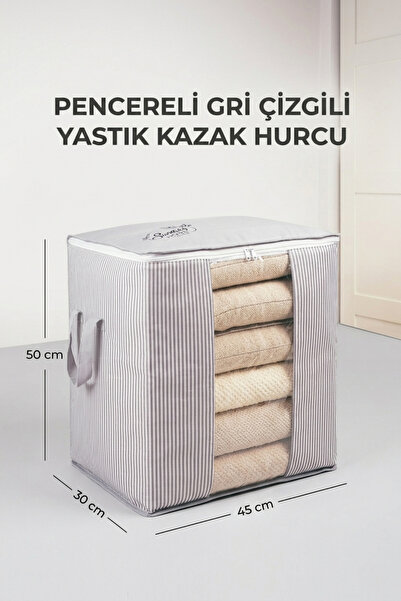 Textile sweet Pencereli Gri Çizgili Yastık Kazak Hurcu 45x30x50