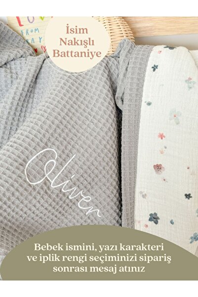 %100 Pamuk Waffle Yumuşak Dokulu Bebek Battaniyesi 80x75 cm - Kişiye Özel İsim Nakış İşleme