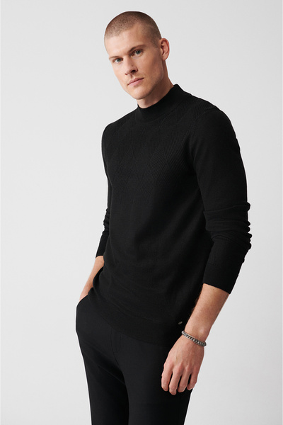 Avva Men's Black Half Turtleneck Wool Blended Front Patterned Knitwear Sweate...