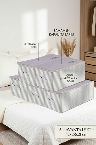 Textile sweet 5'li Orta Boy Kazaklık Gri Çizgili Baza Altı Düzenleyici Hurç 5...