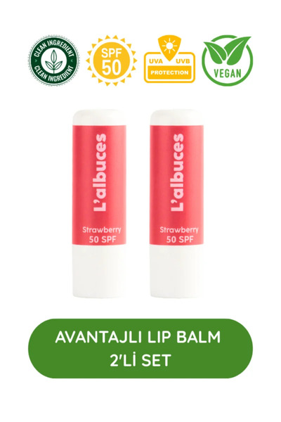 L'albuces 50 SPF Strawberry Lip Balm 2’li Set – Yüksek Güneş Koruması & Nem