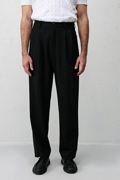 Antioch Siyah Keten Karışımlı Erkek Baggy Pantolon