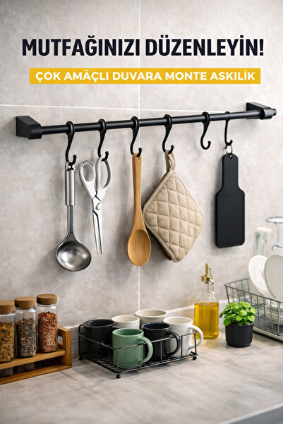 Genel Markalar Siyah 6 Kancalı Çok Amaçlı Mutfak Banyo Havlu Kupa Fincan Kaşı...