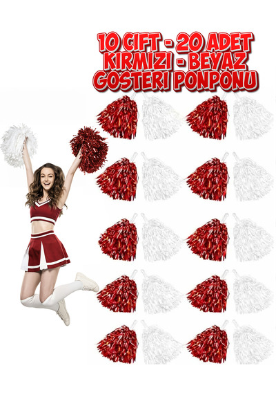StoreYVZ Kırmızı Beyaz Metalik Dolgun Gösteri Ponponu 20 Adet (10 Çift)
