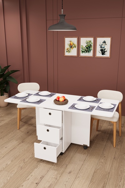 asratrend Lüks Katlanır Mutfak Yemek Masası %100 MDF Pratik Çekmeceli Çalışma...