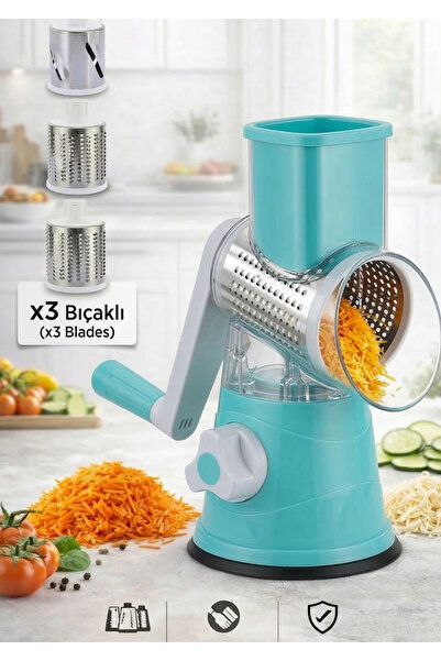 Nazarone Çevirme Kollu Rende Ve Sebze Doğrayıcı 3 Aparatlı Masaüstü Seti-mavi