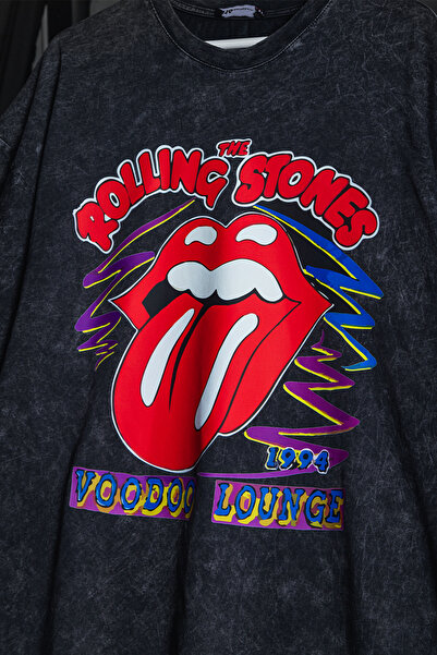 Sekizbiraltı Tricou negru lavabil, oversize, unisex, cu imprimeu Rolling Ston...