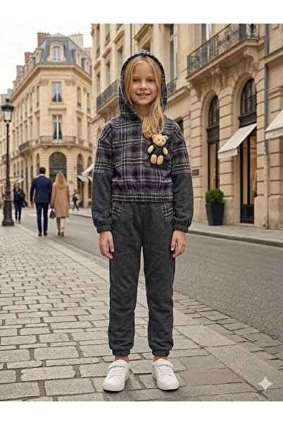 Hilal Akıncı Kids Girl's Teddy Bear Detailed Plaid Sweatshirt Double Set