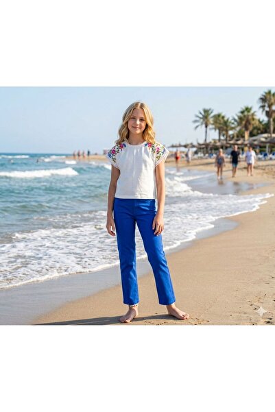 Hilal Akıncı Kids Girl's Embroidery Detailed White Blouse and Colorful Trouse...