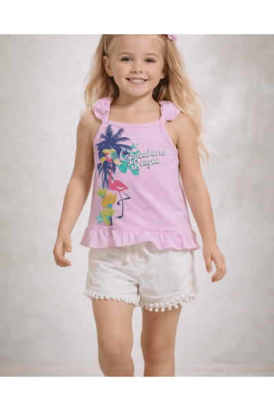 Çikoby Girls' Double Summer Set – Pink T-Shirt with Straps & Ecru Shorts – 10...