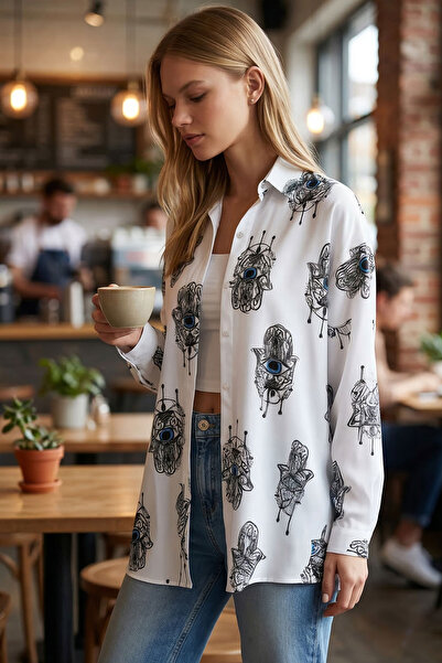 armonika Damska jasnoniebieska, wzorzysta, długa koszula basic typu oversize ...