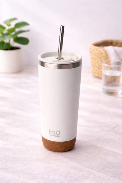 H2O Termos Kupa Paslanmaz Çelik Vakumlu Çelik Pipetli Termos Bardak | Gri 590 ml