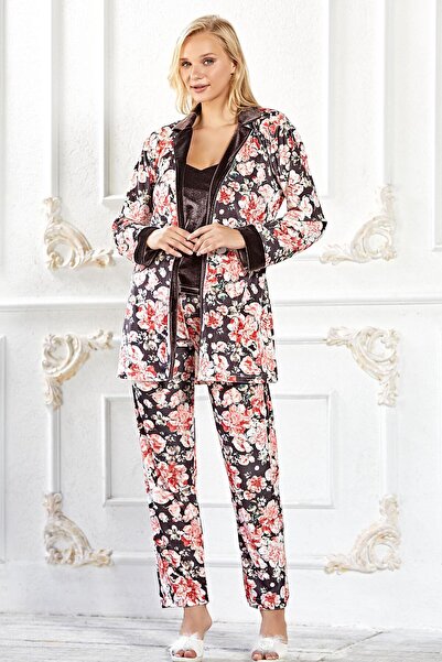 FLZ Velvet Dressing Gown with Straps Pajama Set Elegant Stylish 3-Piece Set S...