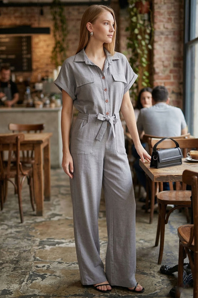 armonika GraY Palazzo Jumpsuit - Front Button, Pocket anD BelteD Waist, Bat S...