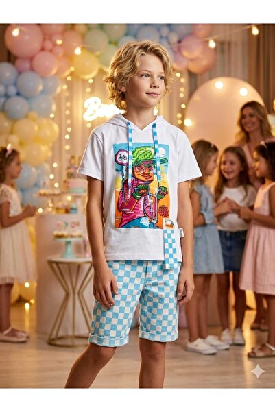 Hilal Akıncı Kids Хлопчачий велосипедний принт на капюшоні футболка та шорти ...