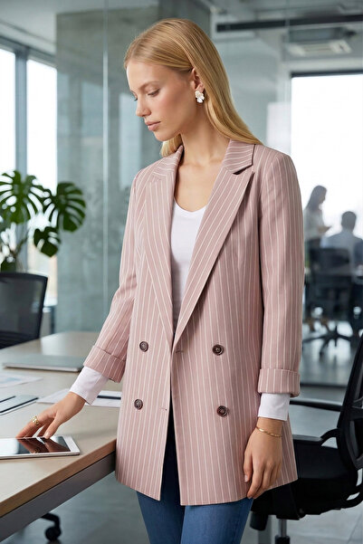 armonika Women's Beige Oversized Double Sleeve Double-Breasted Collar Lined B...