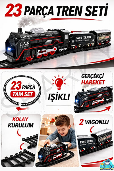 SHARKY Oyuncak Işıklı 96 Cm Raylı Vagonlu Retro Model Tren - 23 Parça Raylı K...