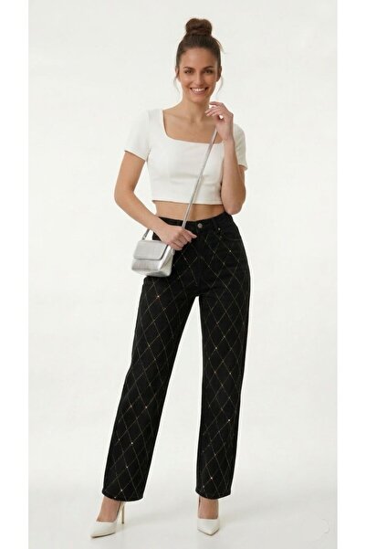 nd jeans Дамски дънки – Палацо с еластичен крой, с камъни и мотив „баклава“