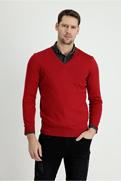 Kiğılı Pulover din bumbac, cu decolteu în V, slim fit