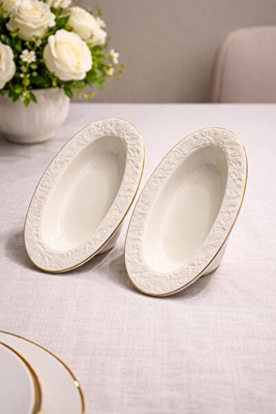 DOWRY STİL 2 Adet Porselen Kayık Sunum Tabağı Orta Sunum 20x13 cm