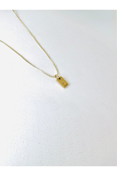 Lumel Takı Çelik Plaka L Harf Kolye 45 cm Gold Renk Zincir - Kararma Yapmaz
