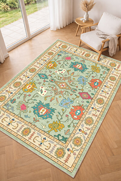 Decomia Home Dijital Kaymaz Yıkanabilir Renkli Etnik Retro Salon Halısı Mutfa...