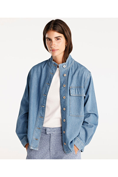 Yargıcı Cepli Yüksek Yaka Denim Gömlek