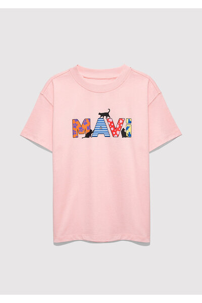 Mavi Logo Baskılı Pembe Tişört Loose Fit / Bol Rahat Kesim 7610426-71007