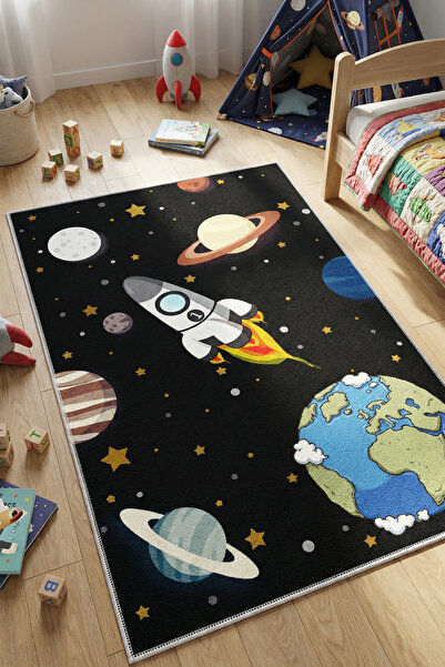 VOPTEKS Siyah Çocuk Odası Halısı Leke Tutmaz Makinede Yıkanabilir Kaymaz Taba...