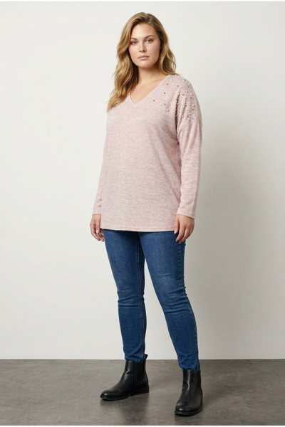 Stil Diva Plus Size V-Neck Long Sleeve Beaded Plush Lycra Viscose Sweatshirt 285055