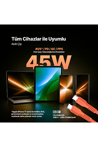 Ttec SmartCharger GAN 45W AVS PD Seyahat Hızlı Şarj Aleti + USB-C - USB-C 3A Kablo Neon