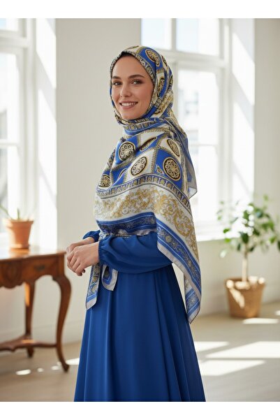 LEİLA SCARF İthal Viskose ipek şal Kemik bayazı saks mavisi Büyük boy şal