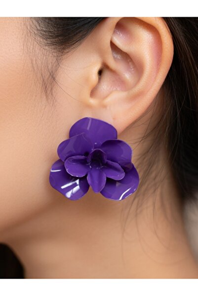 Modex Metal Oval Curved Purple Light Exaggerated Flower Earrings (7cm)