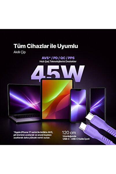 Ttec SmartCharger GAN 45W AVS PD Seyahat Hızlı Şarj Aleti + USB-C - USB-C 3A 120 cm Kablo Neon