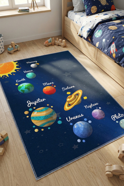 VOPTEKS Uzay Desenli Çocuk Odası Halısı Leke Tutmaz Makinede Yıkanabilir Kaym...