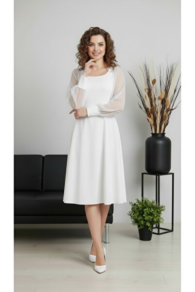Rokka Moda Rochie midi de damă cu gât rotund și mâneci din șifon - Albă