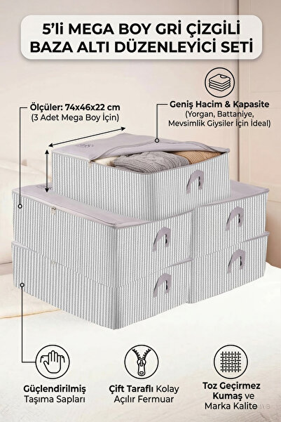 Textile sweet 5 τεμαχίων Mega Size Grey ριγέ Organizer κάτω από το πάτωμα 74x...