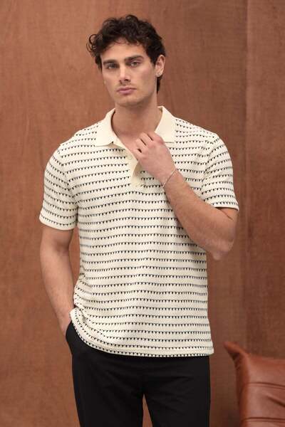 Valiberta Nordic Patterned Knitted Fabric Viscose Men's T-Shirt - Ecru