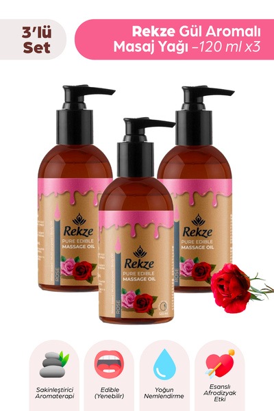 Rekze Erotik Masaj Yağı 3’lü Set – Gül Aromalı, Yenilebilir, 120 ml x 3 | Su ...