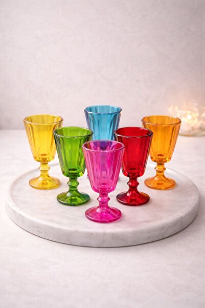 YzHome 6 Lı Cam Flüt Renkli Kahve Yanı Su Bardağı Kadeh Kupa Bardak 75ml